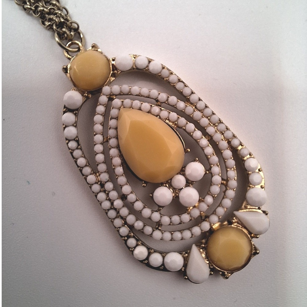 Tear drop pendant necklace 2 strands wheat chain white mustard gold tone LONG